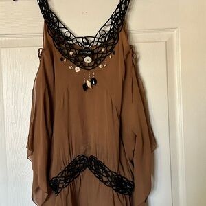 Brown Sleeveless Top with Black Lace Accents